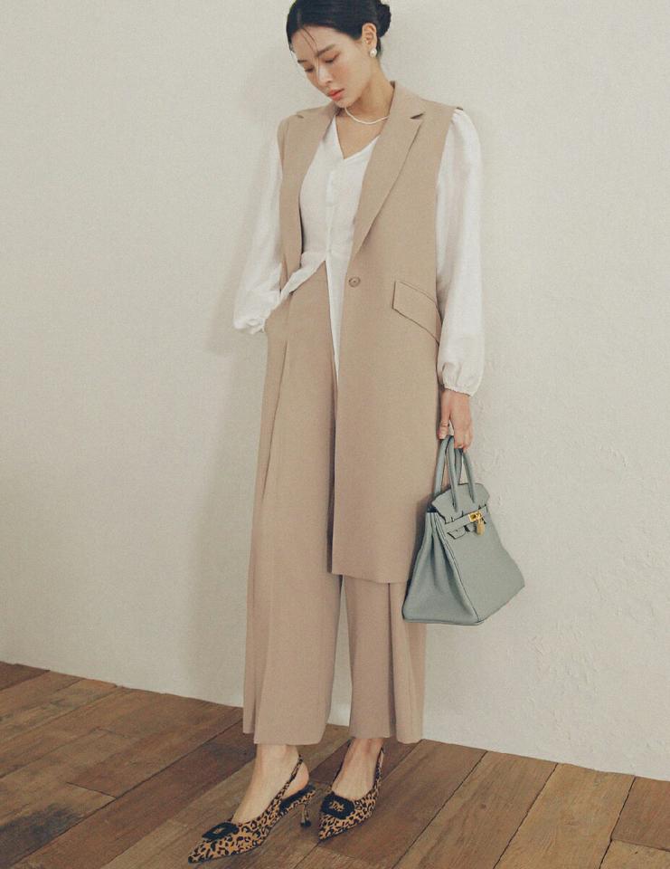 【送料無料】ロングベスト&ボタンポイントタックスラックスSET・全3色・b00185 レディース 【pt】セットアップ setup ベスト ロングベスト レイヤード パンツ スラックス ロングパンツ 無地 シンプル 春 秋 韓国ファッション ハイホリHIHOLLI