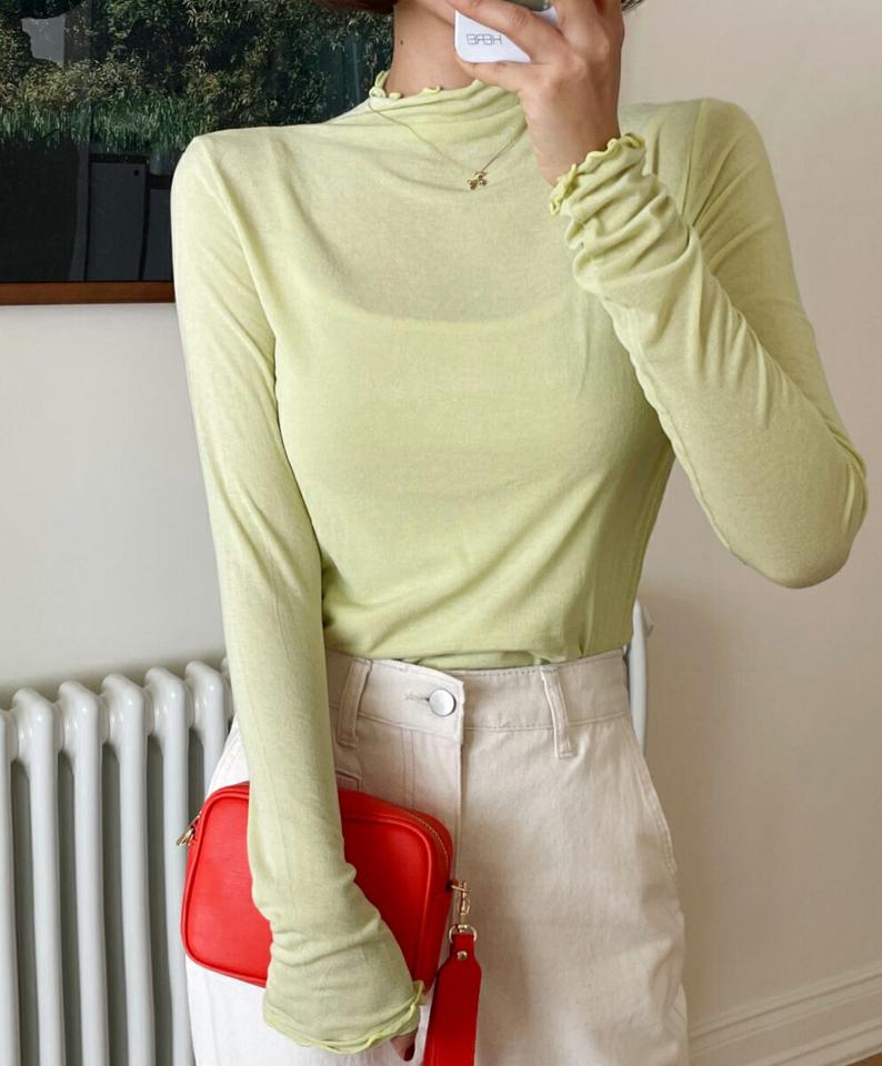 ハーフネックメロウTシャツ・全8色・t66184 レディース 【tops】韓国ファッション トップス Tシャツ 大人 長袖 ラハーフネック メロウ スリム 無地 シンプル 体型カバー 細身 フェミニン カジュアル 秋 冬