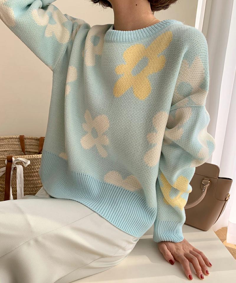 フラワーパターンニット・全5色・t66189 レディース 【tops】韓国ファッション トップス ニット 大人 長袖 ラウンドネック 花柄 フラワー フローラル カラーアイテム 柄ニット ドロップショルダー シンプル フェミニン カジュアル デイリー 秋 冬