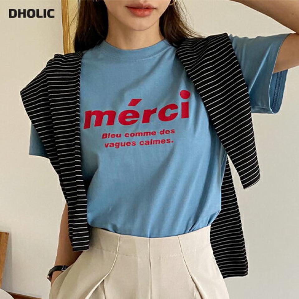 【10%OFF】merci半袖Tシャツ・全4色・t65463 レディース 【tops】Tシャツ トップス 半袖 ロゴ ロゴT レタリング 柄 春 夏 カジュアル かわいい 可愛い ラフ シンプル フランス語 merci ブラック ブルー ホワイト ライトブラウン 青 韓国ファッション セール SALE
