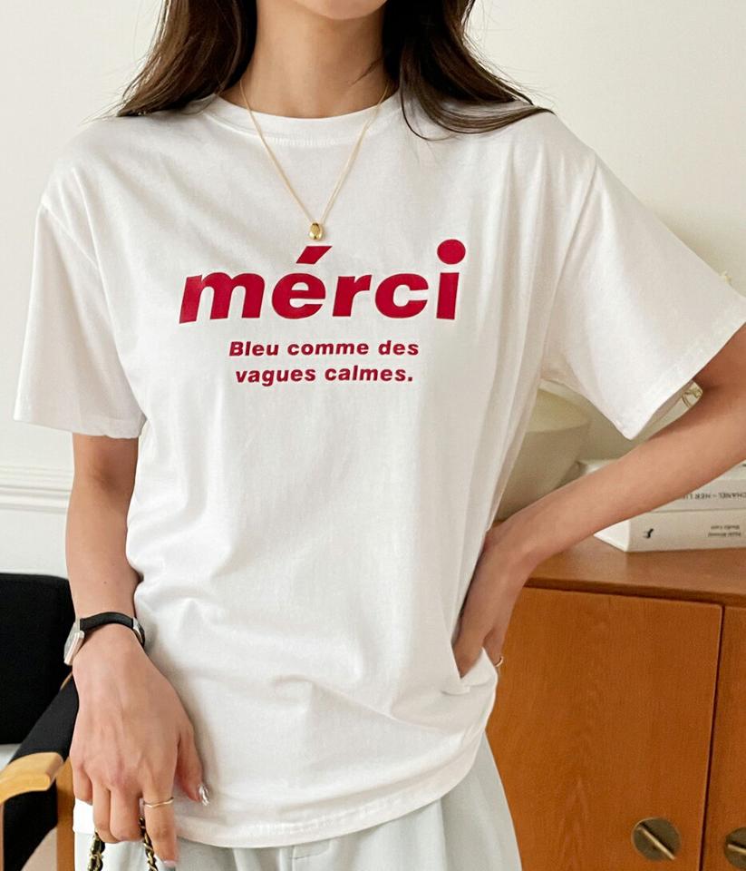 【10%OFF】merci半袖Tシャツ・全4色・t65463 レディース 【tops】Tシャツ トップス 半袖 ロゴ ロゴT レタリング 柄 春 夏 カジュアル かわいい 可愛い ラフ シンプル フランス語 merci ブラック ブルー ホワイト ライトブラウン 青 韓国ファッション セール SALE