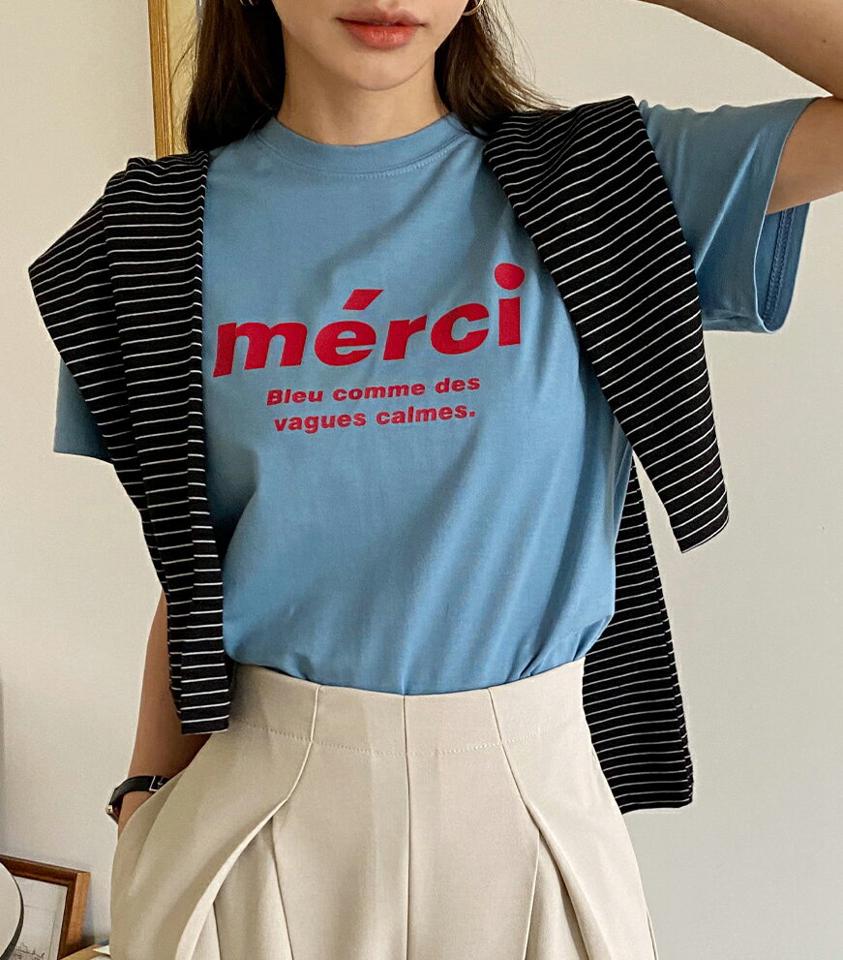 【10%OFF】merci半袖Tシャツ・全4色・t65463 レディース 【tops】Tシャツ トップス 半袖 ロゴ ロゴT レタリング 柄 春 夏 カジュアル かわいい 可愛い ラフ シンプル フランス語 merci ブラック ブルー ホワイト ライトブラウン 青 韓国ファッション セール SALE