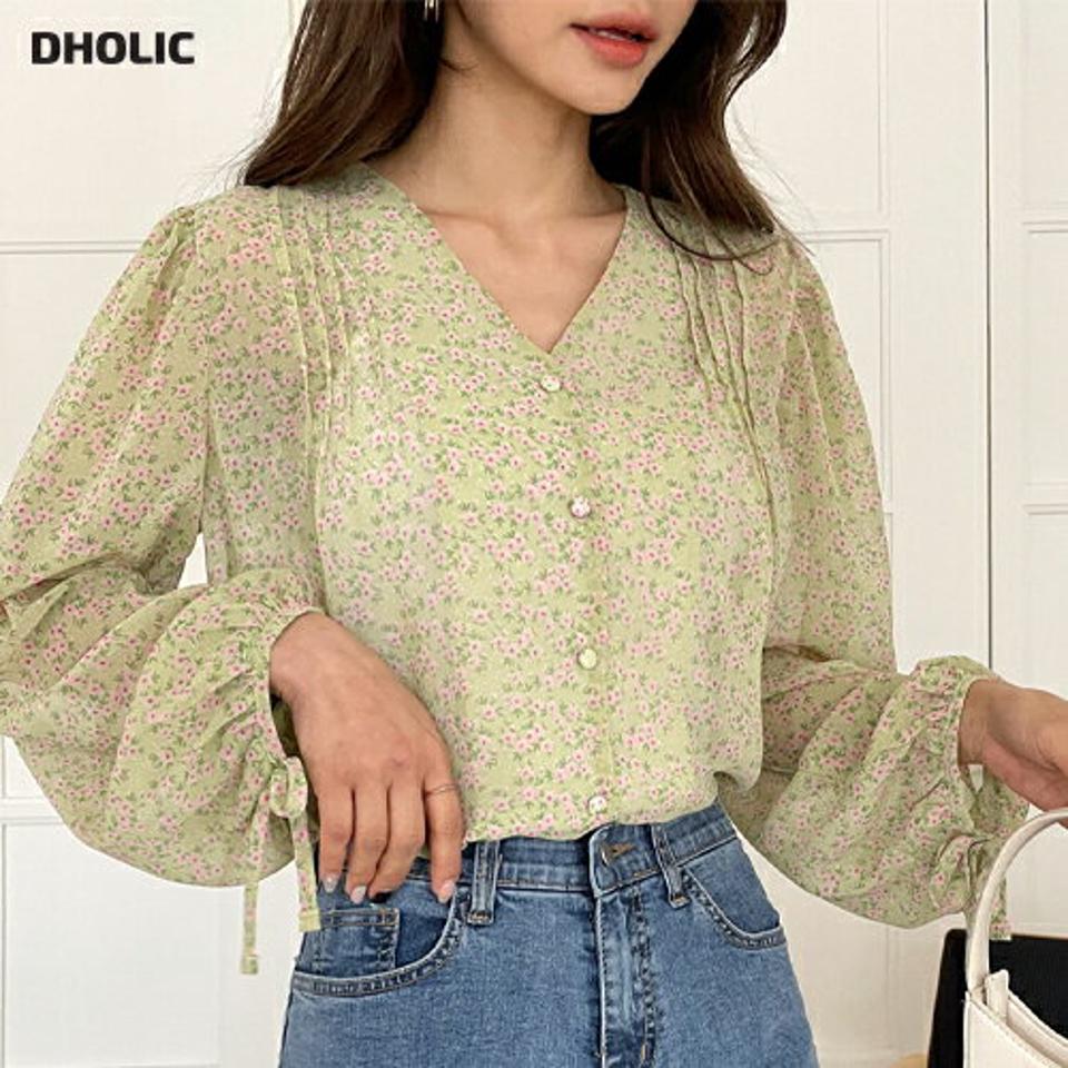 Vネックフローラルブラウス・全3色・t65462 レディース 【bl】ブラウス 長袖 透け感 Vネック 花柄 総柄 フラワー パフ スリーブ デコルテ見せ 鎖骨 春 夏 パステル フェミニン かわいい 可愛い ガーリー ボタン リボン 韓国ファッション