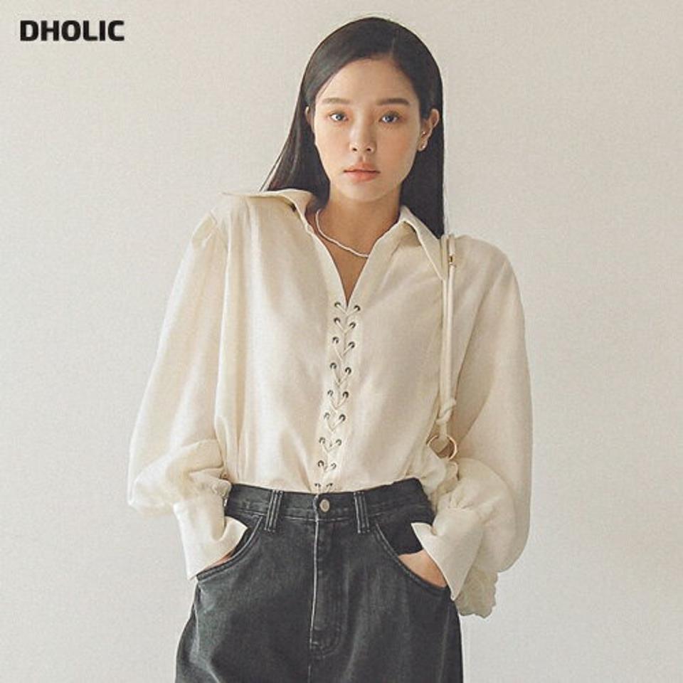 ストラップ付シースルーブラウス・全2色・t00192 レディース 【bl】トップス ブラウス 長袖 透け感 シアー シースルー 単色 無地 シンプル 大人 襟 エスニック ギャザー パフ袖 パフスリーブ 春 秋 韓国ファッション ハイホリHIHOLLI