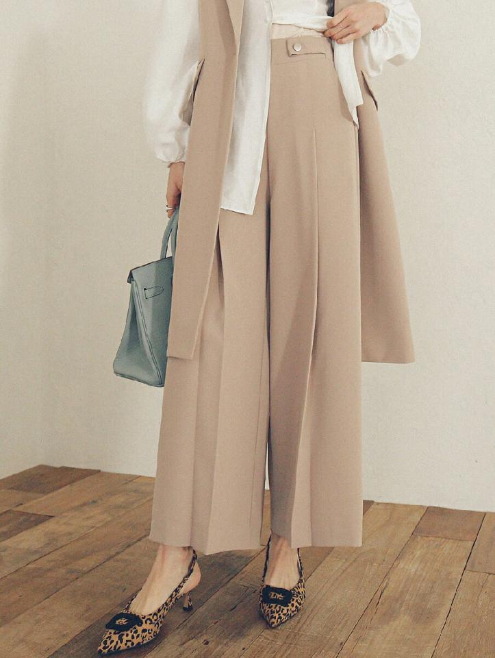 ボタンポイントタックスラックス・全3色・b00181 レディース 【pt】スラックス パンツ ズボン ロングパンツ 単色 無地 シンプル ベーシック 大人 オフィスカジュアル ワイドパンツ ハイウエスト ストレート 春 秋 韓国ファッション ハイホリHIHOLLI