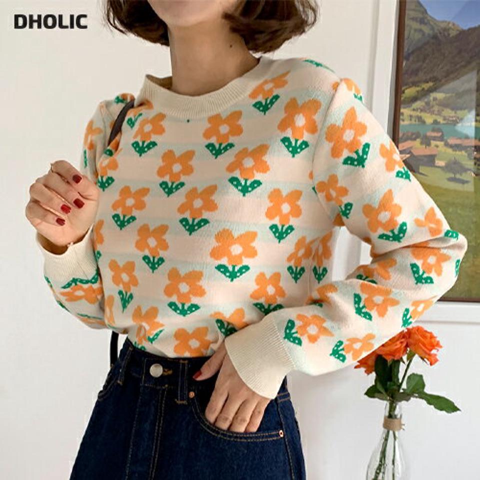 ウール混フラワーパターンニット・全2色・t66308 レディース 【tops】韓国ファッション トップス ニット 大人 長袖 ラウンドネック ウール混 花柄 フローラル フラワー 柄ニット シンプル 体型カバー フェミニン カジュアル デイリー 春 秋 冬