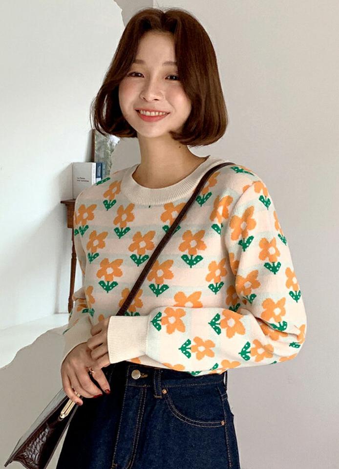 ウール混フラワーパターンニット・全2色・t66308 レディース 【tops】韓国ファッション トップス ニット 大人 長袖 ラウンドネック ウール混 花柄 フローラル フラワー 柄ニット シンプル 体型カバー フェミニン カジュアル デイリー 春 秋 冬