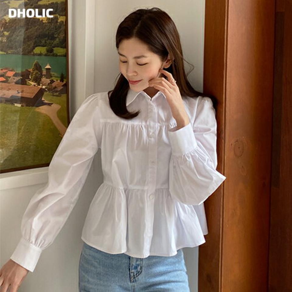 ティアードシャツブラウス・全2色・t66304 レディース 【bl】韓国ファッション トップス ブラウス 長袖 カラーネック ティアード クロップ丈 シャツブラウス シンプル かわいい カジュアル フェミニン ガーリー 春 秋 冬