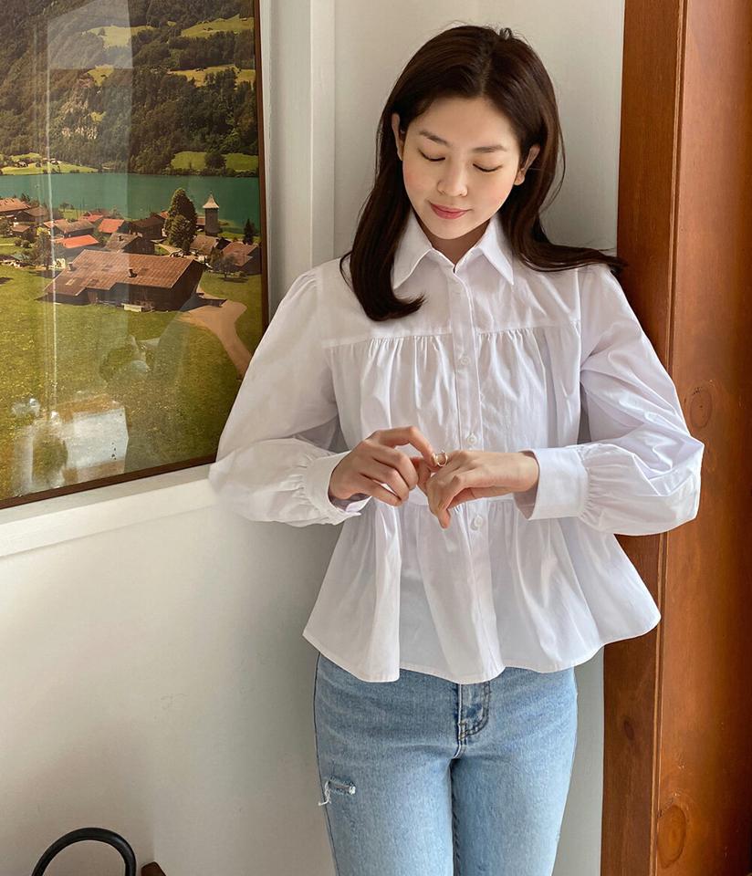 ティアードシャツブラウス・全2色・t66304 レディース 【bl】韓国ファッション トップス ブラウス 長袖 カラーネック ティアード クロップ丈 シャツブラウス シンプル かわいい カジュアル フェミニン ガーリー 春 秋 冬