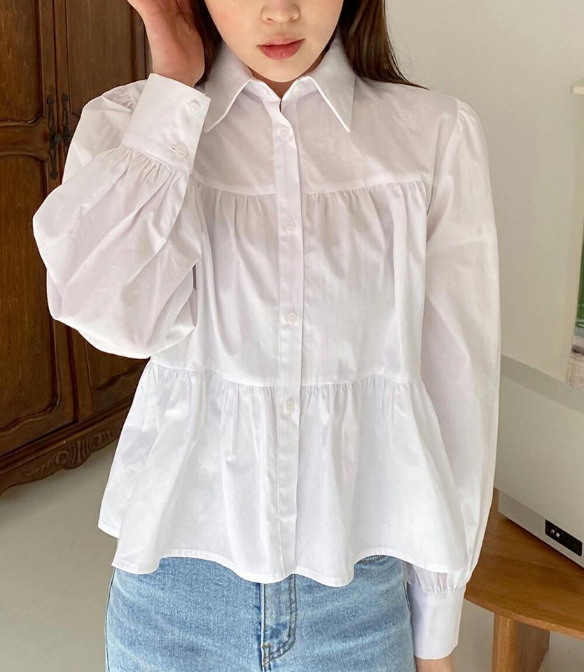 ティアードシャツブラウス・全2色・t66304 レディース 【bl】韓国ファッション トップス ブラウス 長袖 カラーネック ティアード クロップ丈 シャツブラウス シンプル かわいい カジュアル フェミニン ガーリー 春 秋 冬