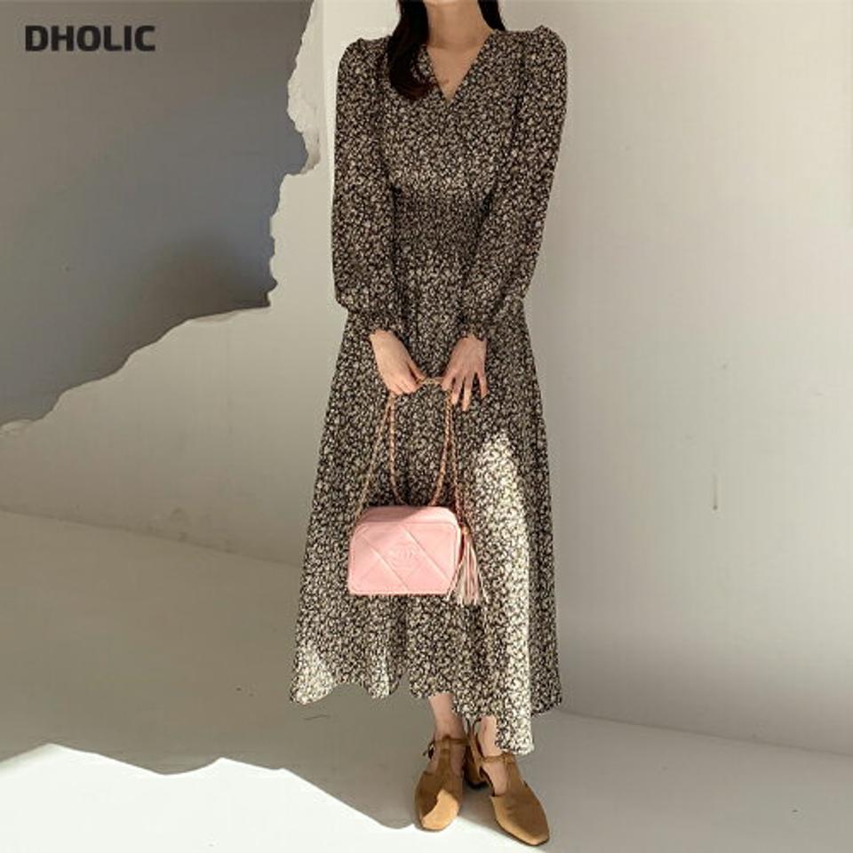 シャーリングカシュクール小花柄ワンピース・全2色・t66313 レディース 【ops】韓国ファッション ワンピース ロング ロングワンピース 長袖 Vネック シャーリング カシュクール 小花柄 花柄 ロング丈 シンプル フェミニン 春 秋 冬