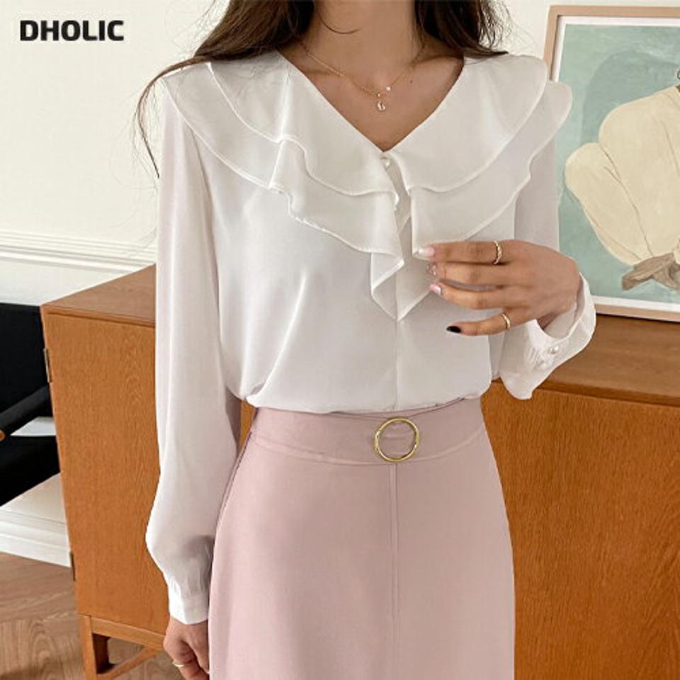 ネックフリルブラウス・全3色・t65468 レディース 【bl】トップス ブラウス 長袖 Vネック 無地 シンプル 単色 フリル パフ レイヤード 春 秋 きれいめ 大人っぽ フェイクパール 上品 フェミニン パステル 韓国ファッション