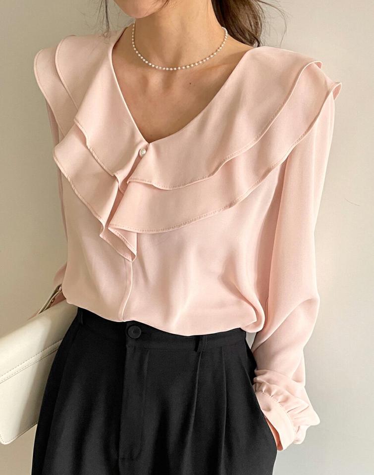 ネックフリルブラウス・全3色・t65468 レディース 【bl】トップス ブラウス 長袖 Vネック 無地 シンプル 単色 フリル パフ レイヤード 春 秋 きれいめ 大人っぽ フェイクパール 上品 フェミニン パステル 韓国ファッション