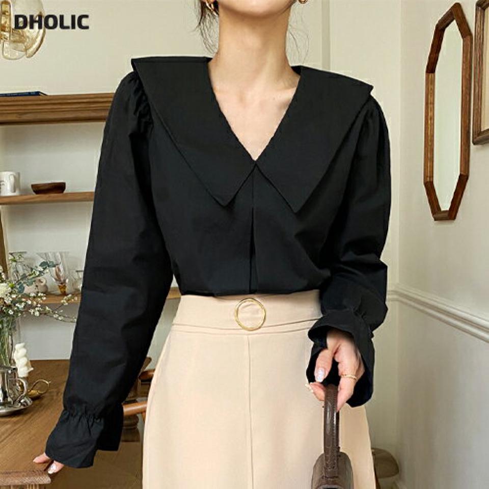 ビッグカラータックブラウス・全3色・t65469 レディース 【bl】ブラウス トップス 長袖 無地 単色 シンプル デコルテ見せ 鎖骨 タック Vネック パフスリーブ 襟コン かわいい 可愛い 春 秋 冬きれいめ ガーリー フェミニン 韓国ファッション