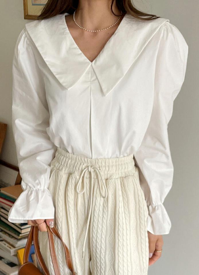 ビッグカラータックブラウス・全3色・t65469 レディース 【bl】ブラウス トップス 長袖 無地 単色 シンプル デコルテ見せ 鎖骨 タック Vネック パフスリーブ 襟コン かわいい 可愛い 春 秋 冬きれいめ ガーリー フェミニン 韓国ファッション