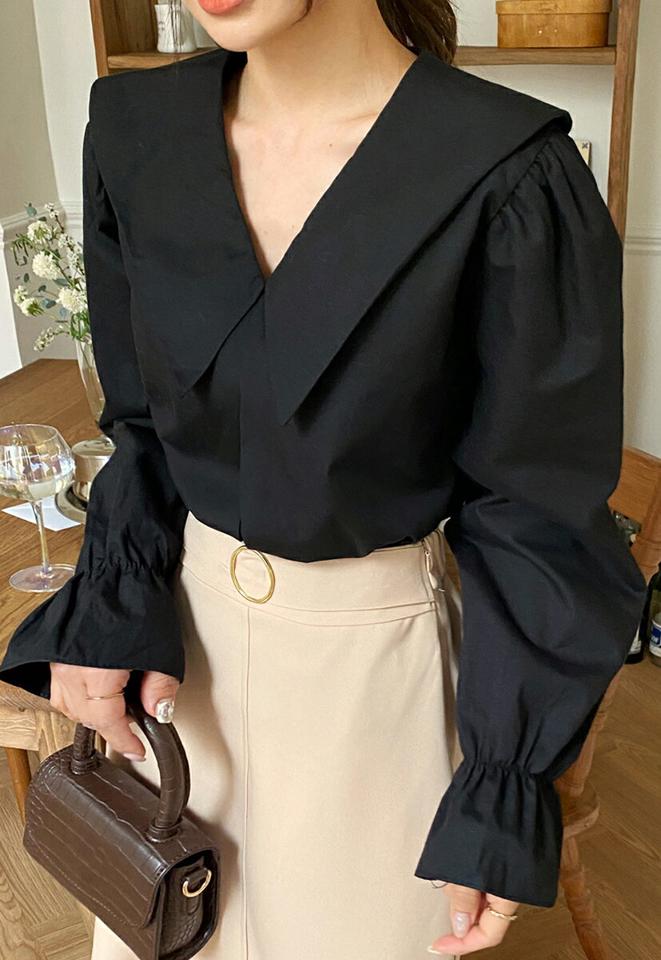 ビッグカラータックブラウス・全3色・t65469 レディース 【bl】ブラウス トップス 長袖 無地 単色 シンプル デコルテ見せ 鎖骨 タック Vネック パフスリーブ 襟コン かわいい 可愛い 春 秋 冬きれいめ ガーリー フェミニン 韓国ファッション