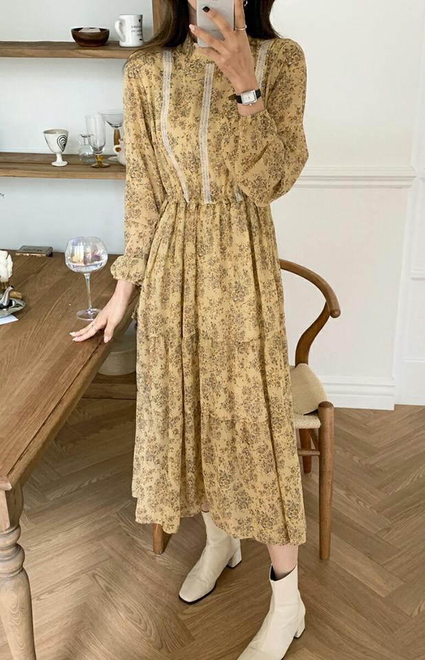 ストリングフローラルロングワンピース・全2色・t65472 レディース 【ops】ワンピース ロング 長袖 花柄 総柄 フラワー 春 秋 レース ハーフネック ウエスト 切り替え かわいい 可愛い ガーリー フェミニン ふんわり 韓国ファッション