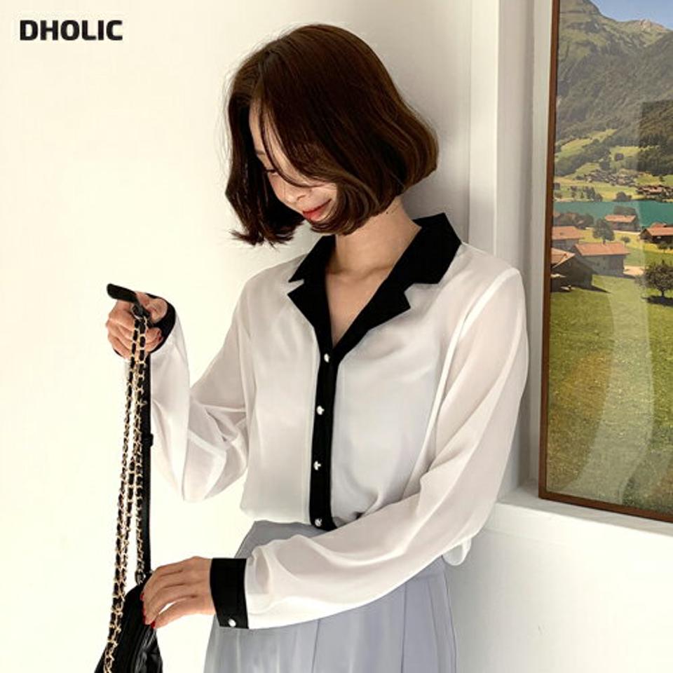 配色開襟パール調ボタンブラウス・全2色・t66301 レディース 【bl】韓国ファッション トップス ブラウス 長袖 カラーネック 配色 オープンカラー パール調 ボタン シンプル かわいい カジュアル フェミニン 体型カバー ガーリー 春 秋 冬