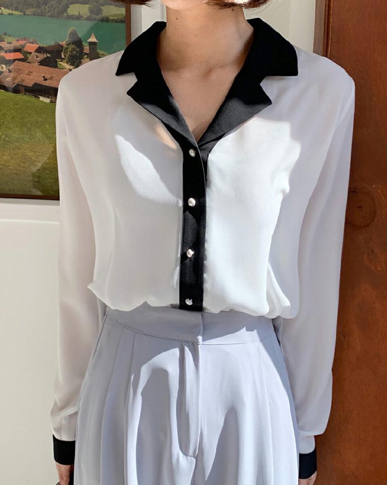 配色開襟パール調ボタンブラウス・全2色・t66301 レディース 【bl】韓国ファッション トップス ブラウス 長袖 カラーネック 配色 オープンカラー パール調 ボタン シンプル かわいい カジュアル フェミニン 体型カバー ガーリー 春 秋 冬