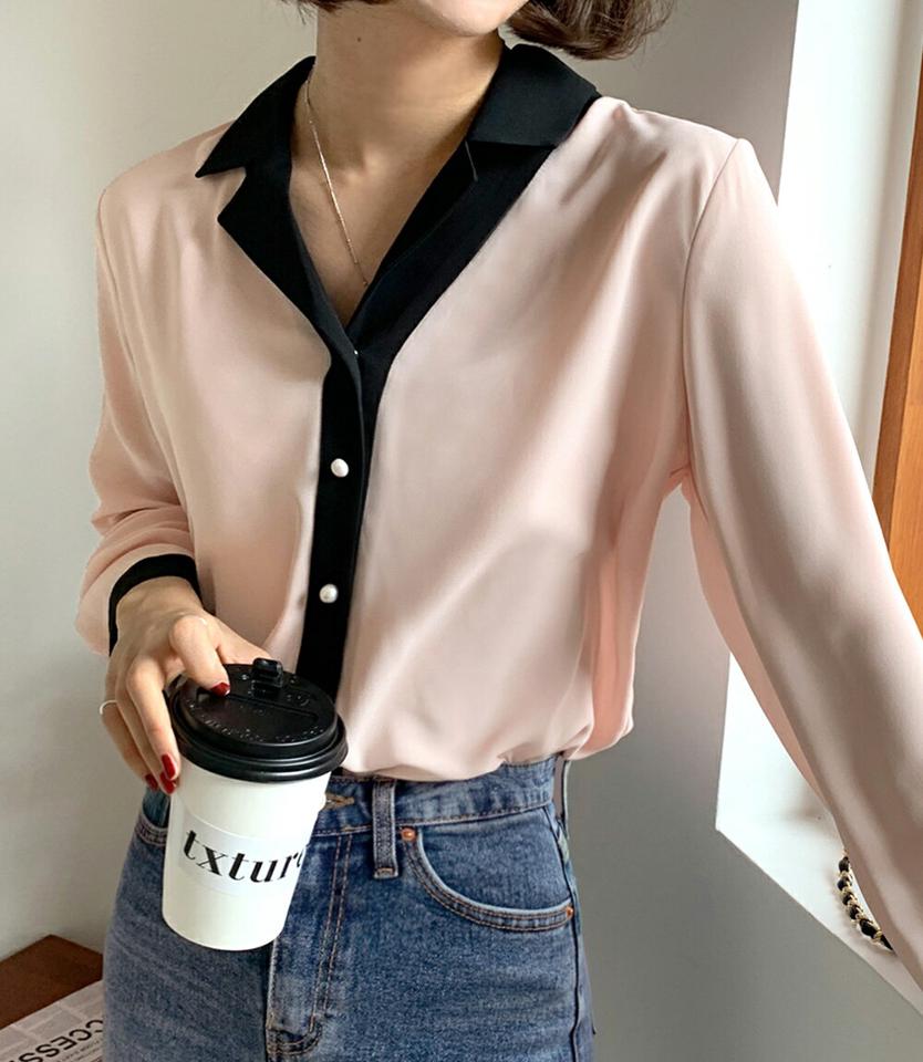 配色開襟パール調ボタンブラウス・全2色・t66301 レディース 【bl】韓国ファッション トップス ブラウス 長袖 カラーネック 配色 オープンカラー パール調 ボタン シンプル かわいい カジュアル フェミニン 体型カバー ガーリー 春 秋 冬