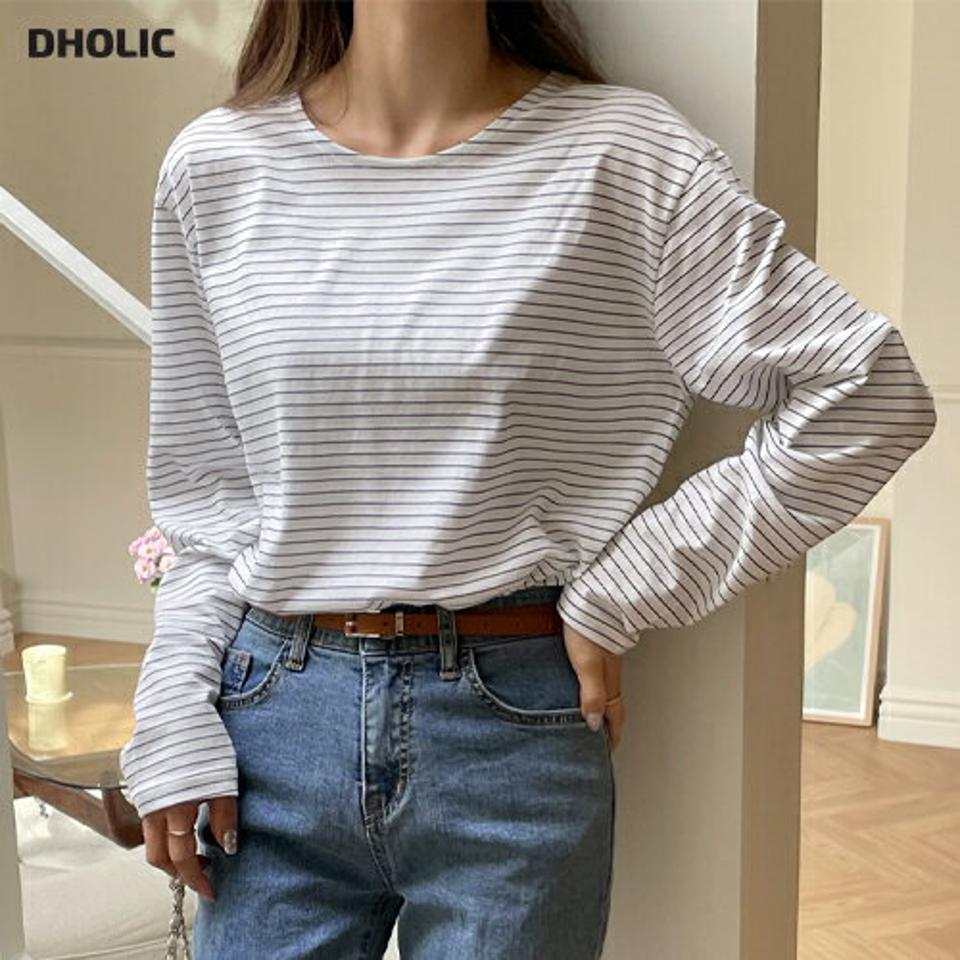 ラウンドボーダーTシャツ・全5色・t65464 レディース 【tops】トップス Tシャツ 長袖 ボーダー柄 細 春 秋 カジュアル パステル ルーズフィット 体型カバー 綿 ブラック ホワイト ピンク イエロー ミント 韓国ファッション