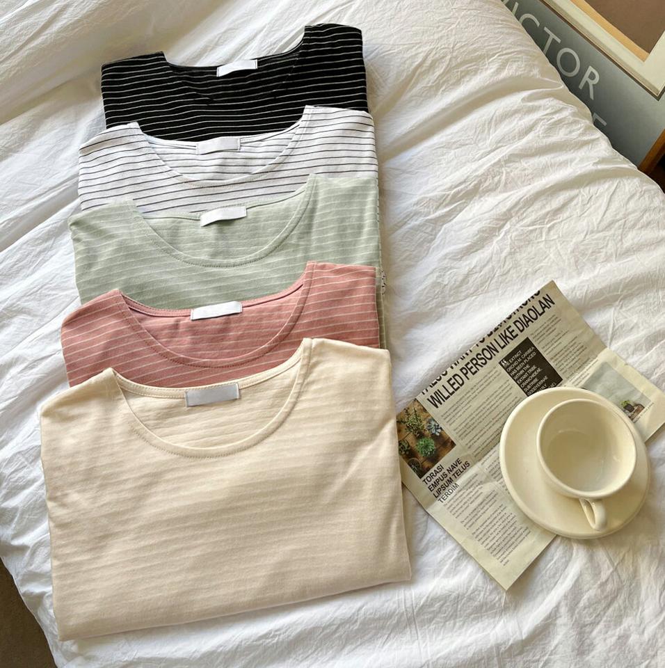 ラウンドボーダーTシャツ・全5色・t65464 レディース 【tops】トップス Tシャツ 長袖 ボーダー柄 細 春 秋 カジュアル パステル ルーズフィット 体型カバー 綿 ブラック ホワイト ピンク イエロー ミント 韓国ファッション