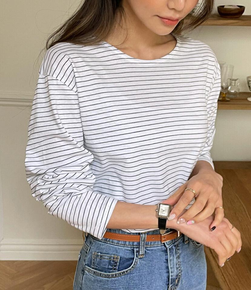 ラウンドボーダーTシャツ・全5色・t65464 レディース 【tops】トップス Tシャツ 長袖 ボーダー柄 細 春 秋 カジュアル パステル ルーズフィット 体型カバー 綿 ブラック ホワイト ピンク イエロー ミント 韓国ファッション