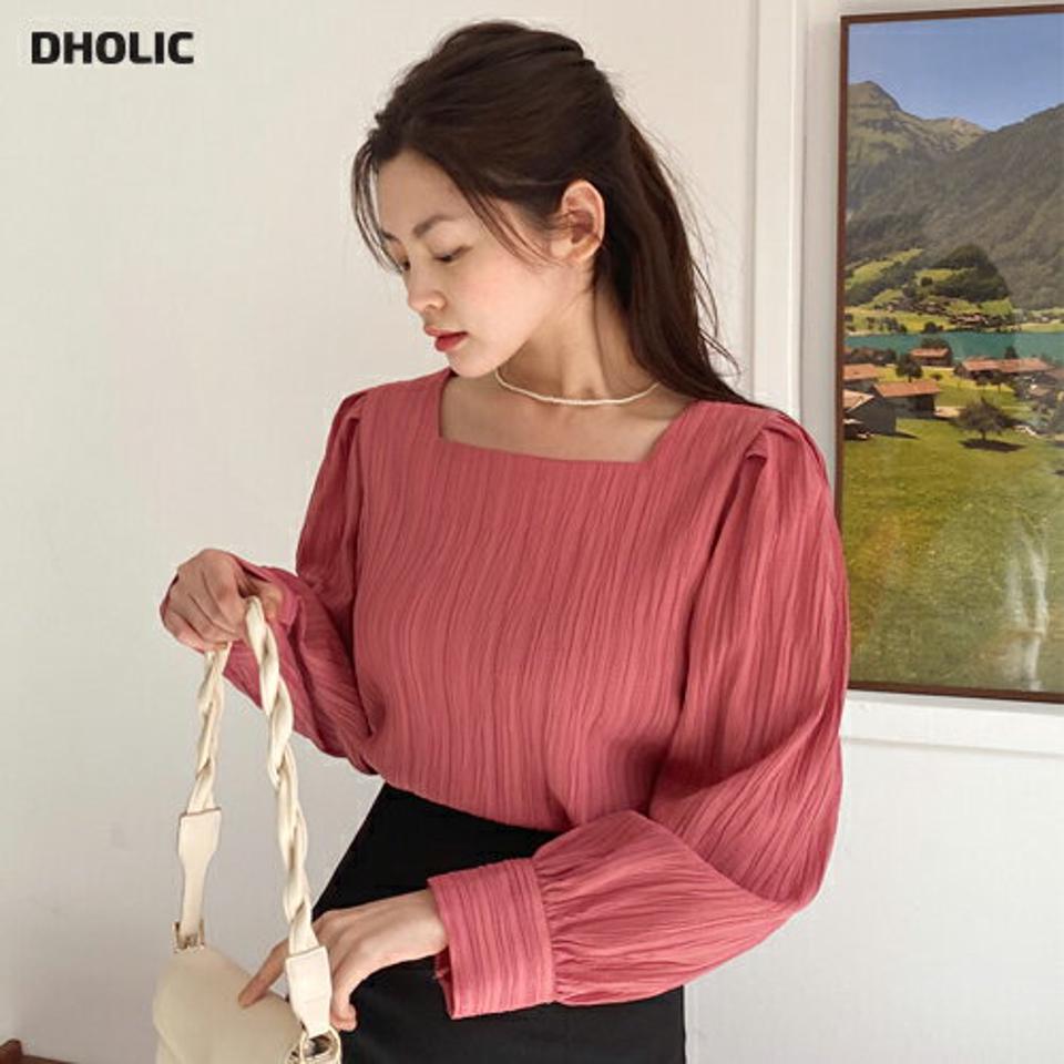 リンクルスクエアブラウス・全4色・t66302 レディース 【bl】韓国ファッション トップス ブラウス 長袖 スクエアネック リンクル パフスリーブ シンプル ギャザー かわいい カジュアル フェミニン 体型カバー ピンク ガーリー 春 秋 冬