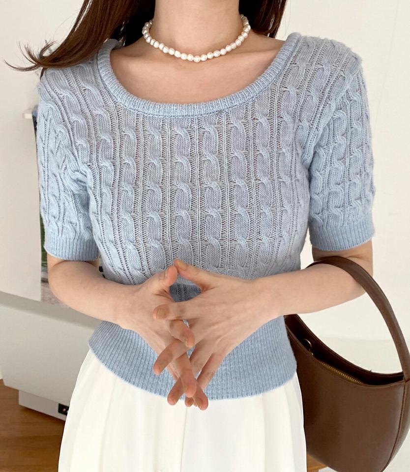 スクエアケーブル半袖ニット・全9色・t66305 レディース 【tops】韓国ファッション トップス ニット 大人 半袖 スクエアネック ケーブル編み クロップド丈 カラーニット 異素材 シンプル フェミニン カジュアル デイリー 春 秋 冬