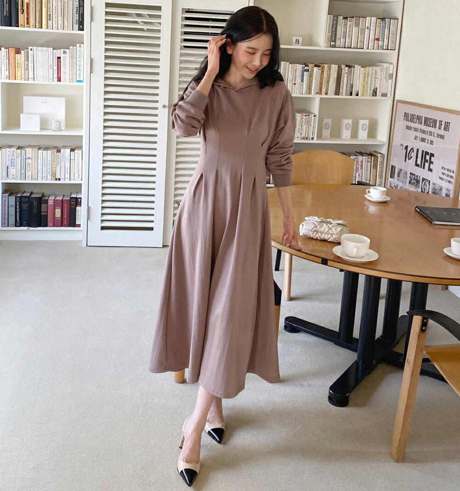 ≪人気商品再入荷≫タックフードワンピース・全4色・b00428 レディース 【ops】ワンピース ロング丈 長袖 フード 単色 無地 シンプル くすみ パステル ウエストマーク ワンマイルウェア 楽ちん ラフ ゆったり 秋 冬 カジュアル フレア 韓国ファッション