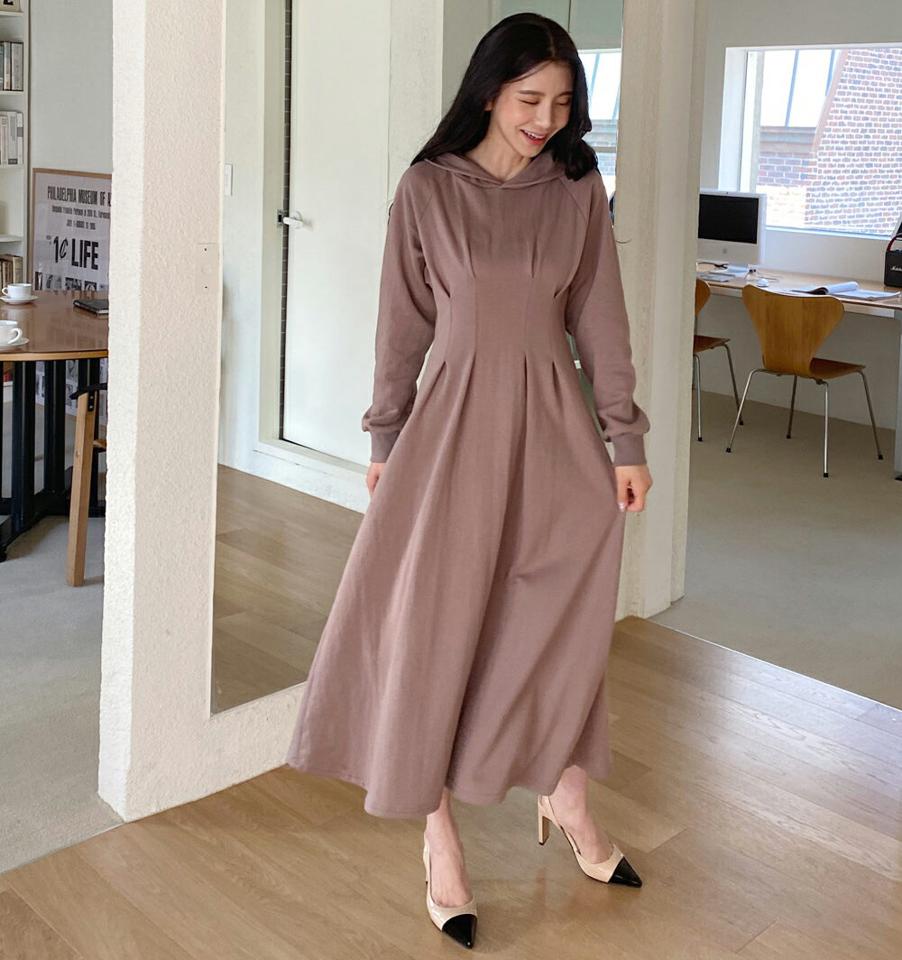 ≪人気商品再入荷≫タックフードワンピース・全4色・b00428 レディース 【ops】ワンピース ロング丈 長袖 フード 単色 無地 シンプル くすみ パステル ウエストマーク ワンマイルウェア 楽ちん ラフ ゆったり 秋 冬 カジュアル フレア 韓国ファッション