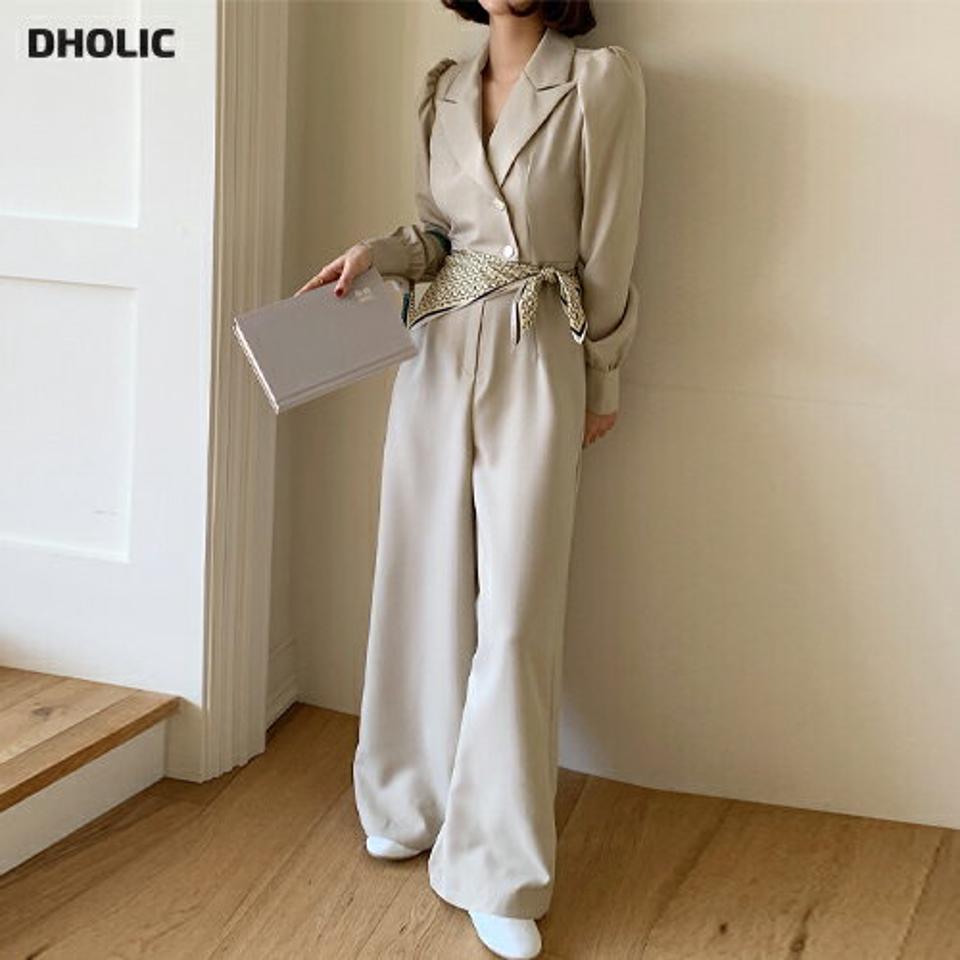 【送料無料】ベルト付カラーオールインワン・全3色・t66750 レディース 【pt】パンツ ロング 丈 オールインワン 長袖 Vネック パフ 袖 パステル 単色 無地 ユニーク 結婚式 ストレート ベルト 肩パッド 入り 脚長 大人 きれいめ 韓国ファッション