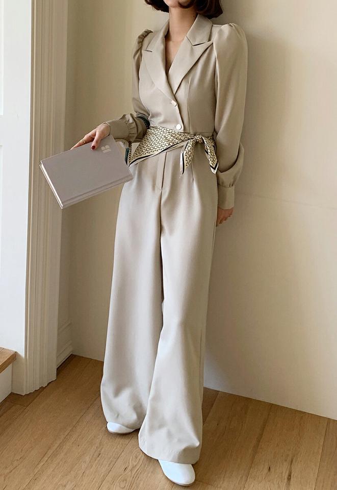 【送料無料】ベルト付カラーオールインワン・全3色・t66750 レディース 【pt】パンツ ロング 丈 オールインワン 長袖 Vネック パフ 袖 パステル 単色 無地 ユニーク 結婚式 ストレート ベルト 肩パッド 入り 脚長 大人 きれいめ 韓国ファッション