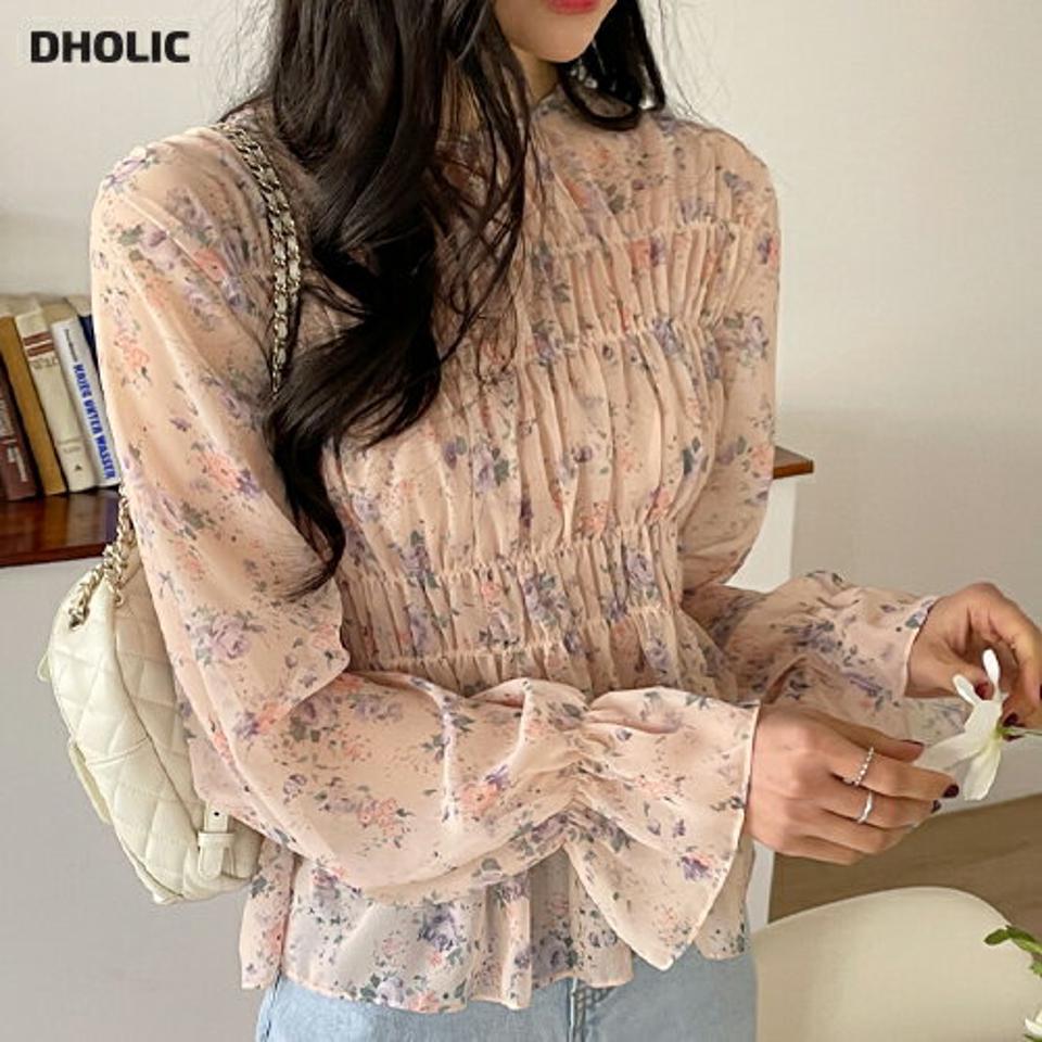 【今だけこの価格】シャーリング花柄シフォンブラウス・全3色・t66698 レディース 【bl】ブラウス トップス 長袖 シャーリング 花柄 総柄 フリル 袖 パステル 春 夏 秋 透け感 ガーリー 可愛い クリーム ピンク ミント シフォン 2WAY ふんわり 韓国ファッション セール