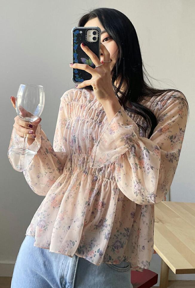 【今だけこの価格】シャーリング花柄シフォンブラウス・全3色・t66698 レディース 【bl】ブラウス トップス 長袖 シャーリング 花柄 総柄 フリル 袖 パステル 春 夏 秋 透け感 ガーリー 可愛い クリーム ピンク ミント シフォン 2WAY ふんわり 韓国ファッション セール