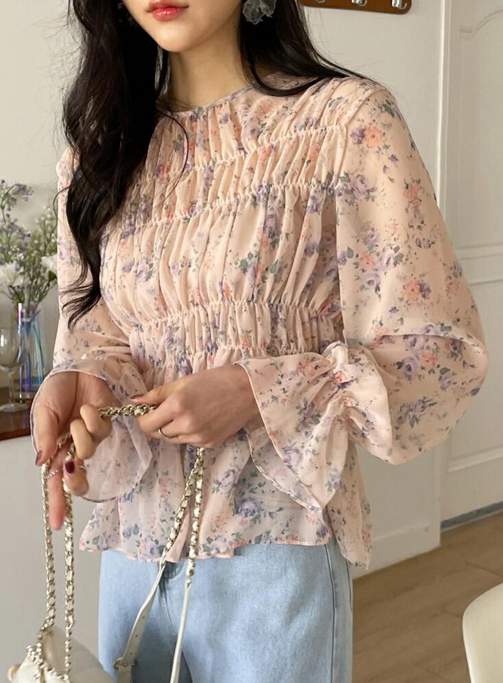 【今だけこの価格】シャーリング花柄シフォンブラウス・全3色・t66698 レディース 【bl】ブラウス トップス 長袖 シャーリング 花柄 総柄 フリル 袖 パステル 春 夏 秋 透け感 ガーリー 可愛い クリーム ピンク ミント シフォン 2WAY ふんわり 韓国ファッション セール