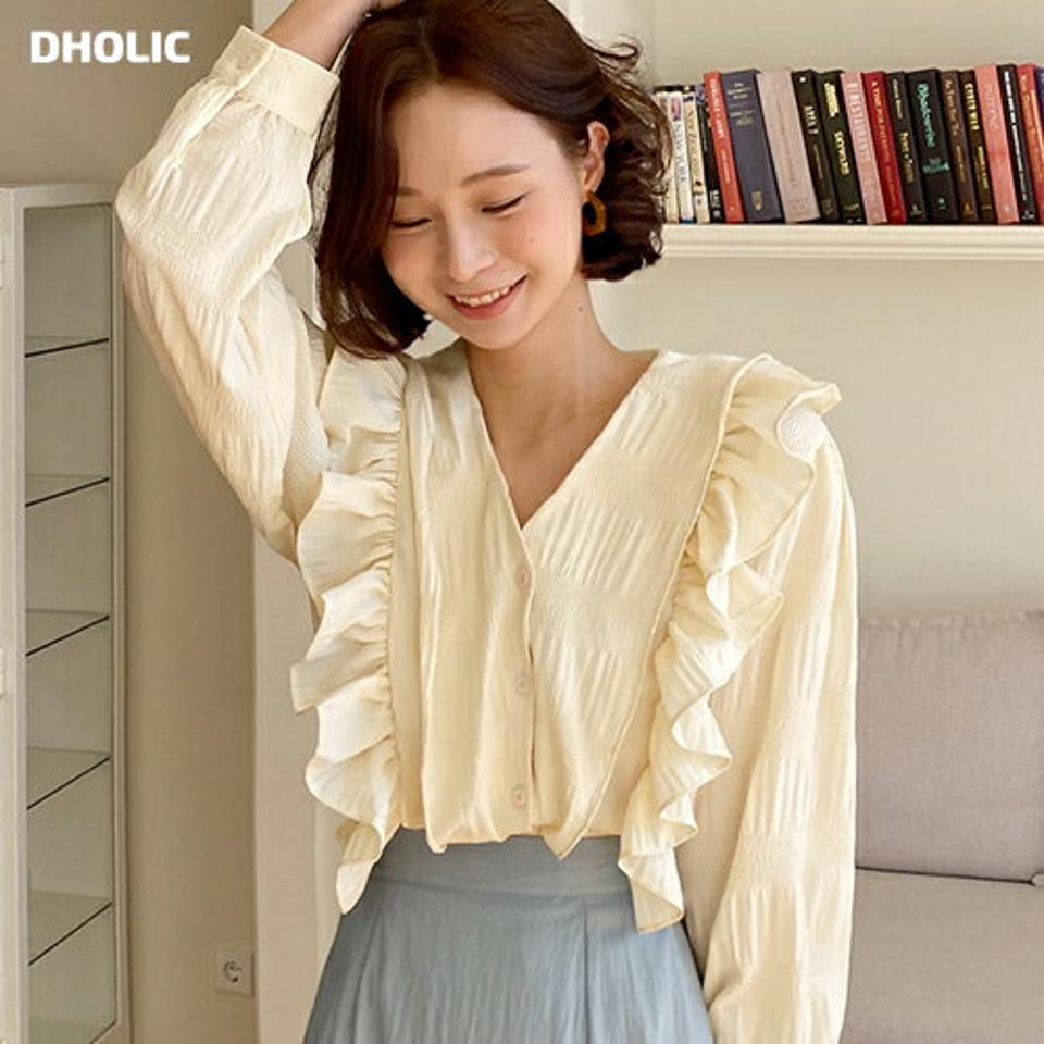 リンクルフリルブラウス・全2色・t66745 レディース 【bl】ブラウス トップス 長袖 Vネック 春 夏 秋 ボタン フリル 鎖骨 デコルテ見せ パステル パフ スリーブ 袖 かわいい 可愛い フェミニン ガーリー 韓国ファッション