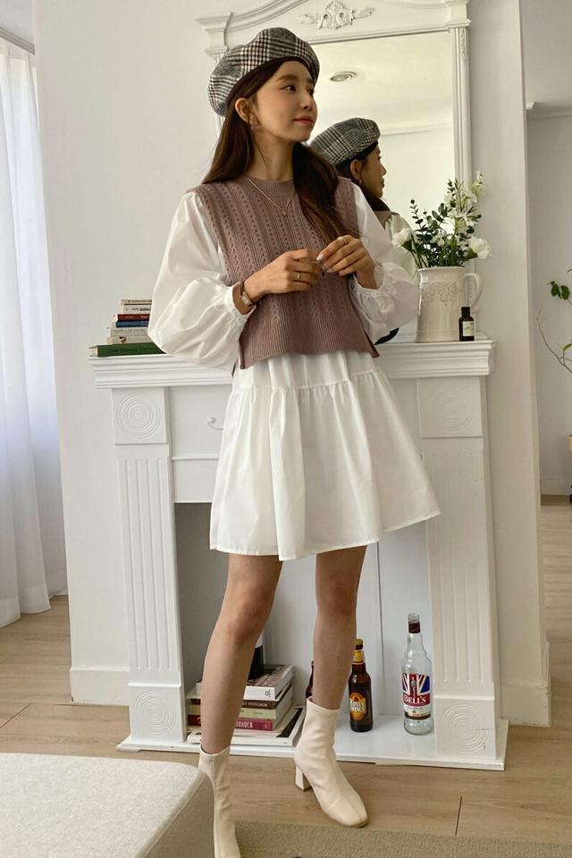 ティアードミニワンピ&ニットベストSET・全2色・b66705 レディース 【ops】ワンピース ベスト セット 長袖 ノースリーブ スリーブレス 単色 無地 春 秋 ニット パフ袖 パフスリーブ ケーブル編み クロップド丈 フレア ガーリー 韓国ファッション
