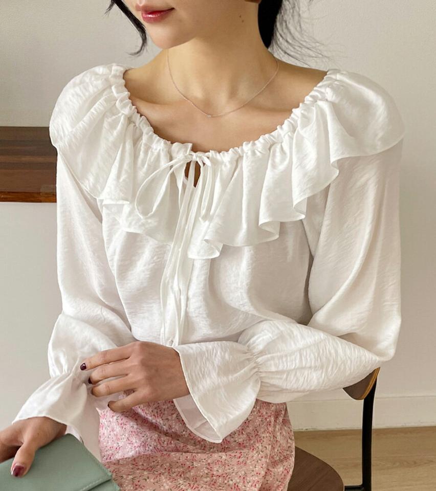 2WAYフリルリボンブラウス・全3色・t66697 レディース 【bl】ブラウス トップス 長袖 パステル フリル 袖 パフ リボン 無地 単色 無地 ボタン 鎖骨 デコルテ オフショル 肌見せ 春 夏 ガーリー ふんわり フェミニン シルキー 上品 韓国ファッション