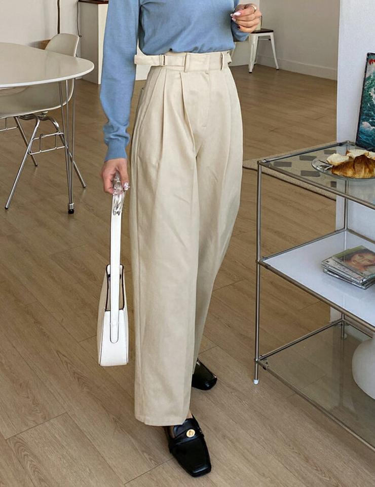 サイドベルトワイドコットンパンツ・全4色・t66734 レディース 【pt】パンツ ロング 丈 ワイド パステル 無地 単色 シンプル 秋 冬 春 夏 オフィスカジュアル コットン 綿 タック ベルト ダーツライン カジュアル 韓国ファッション