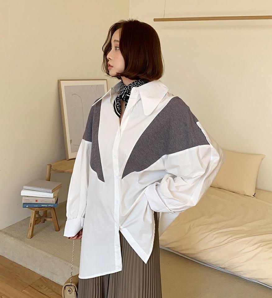 ニットコントラストアシメヘムシャツ・全3色・b66746 レディース 【bl】シャツ トップス 長袖 襟コン ロング 丈 ロングシャツ シャツワンピ 配色 無地 春 夏 秋 カジュアル ニット 異素材 ユニーク リブニット 鎖骨 デコルテ見せ 韓国ファッション