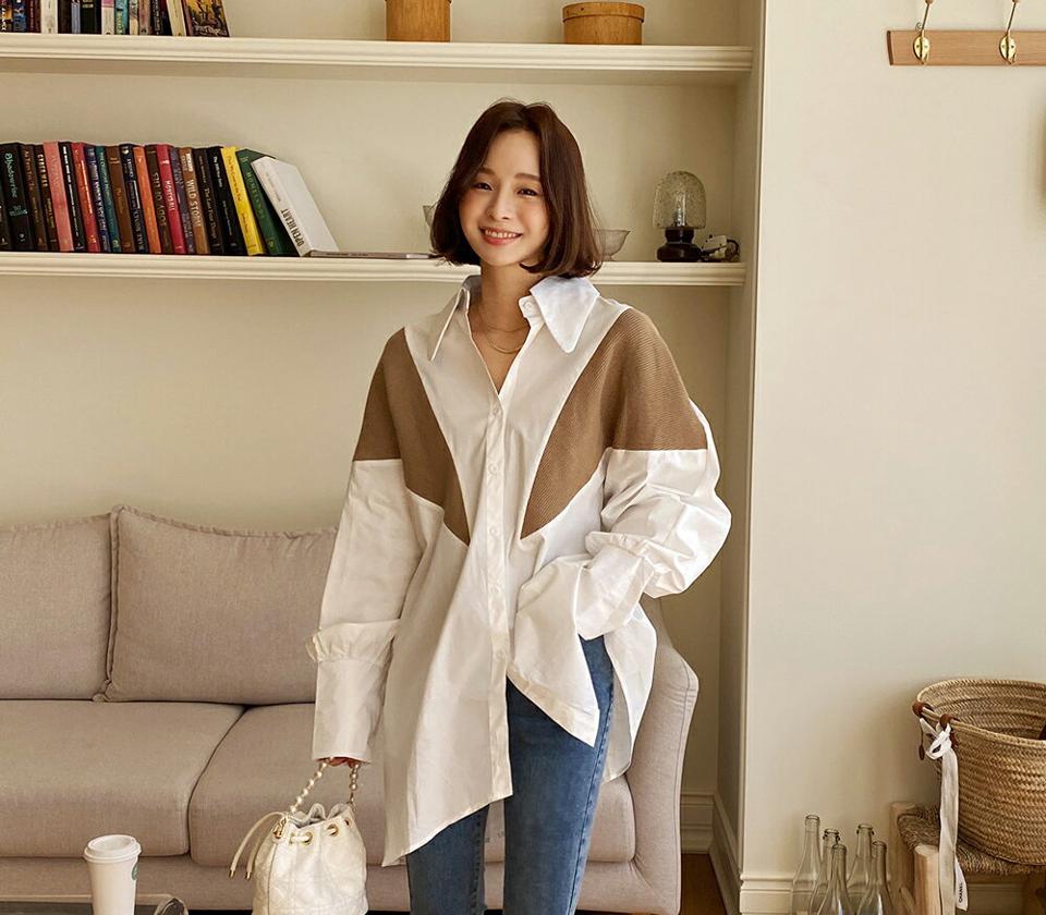 ニットコントラストアシメヘムシャツ・全3色・b66746 レディース 【bl】シャツ トップス 長袖 襟コン ロング 丈 ロングシャツ シャツワンピ 配色 無地 春 夏 秋 カジュアル ニット 異素材 ユニーク リブニット 鎖骨 デコルテ見せ 韓国ファッション