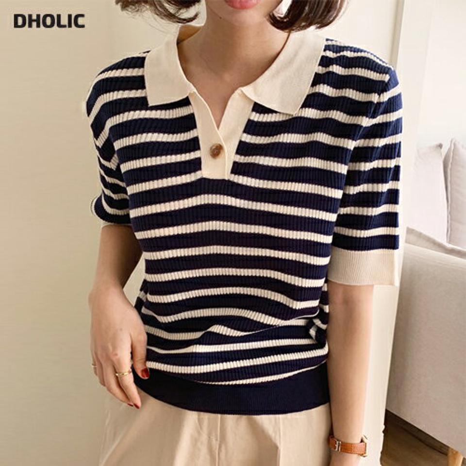 【10%OFF】ハーフオープンボーダーニット・全4色・t66739 レディース 【tops】トップス ニット 半袖 ポロ襟 ボタン 配色 ボーダー柄 ハーフオープン 春 夏 カジュアル アイボリー ボーダーニット ネイビー ピンク ミント 韓国ファッション【HS】セール