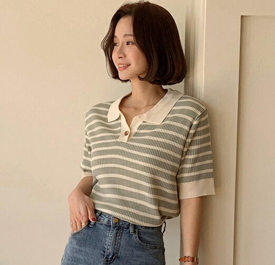 【10%OFF】ハーフオープンボーダーニット・全4色・t66739 レディース 【tops】トップス ニット 半袖 ポロ襟 ボタン 配色 ボーダー柄 ハーフオープン 春 夏 カジュアル アイボリー ボーダーニット ネイビー ピンク ミント 韓国ファッション【HS】セール