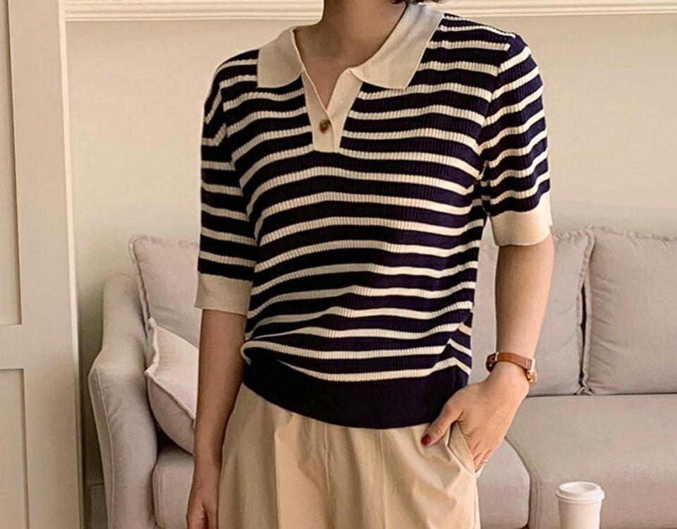 【10%OFF】ハーフオープンボーダーニット・全4色・t66739 レディース 【tops】トップス ニット 半袖 ポロ襟 ボタン 配色 ボーダー柄 ハーフオープン 春 夏 カジュアル アイボリー ボーダーニット ネイビー ピンク ミント 韓国ファッション【HS】セール