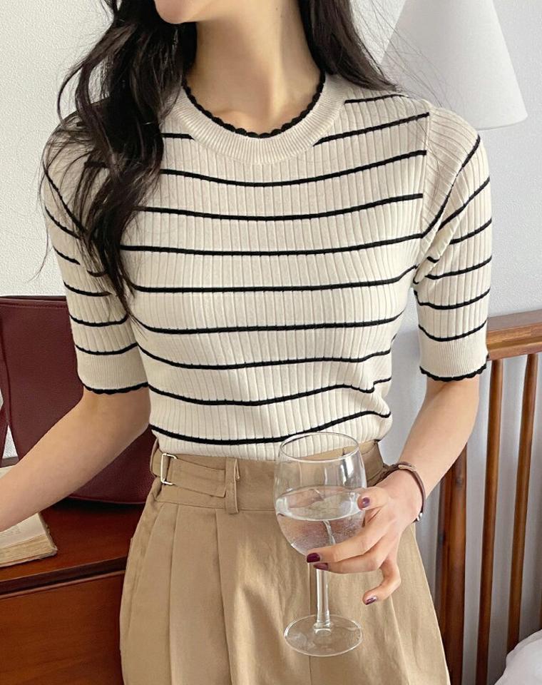 【スーパーセール特価】ボーダースカラップ半袖リブニット・全3色・t66694 レディース 【tops】トップス ニット リブ リブニット 半袖 ボーダー 柄 スカラップ 春 夏 秋 カジュアル ガーリー ラブリー パステル 韓国ファッション