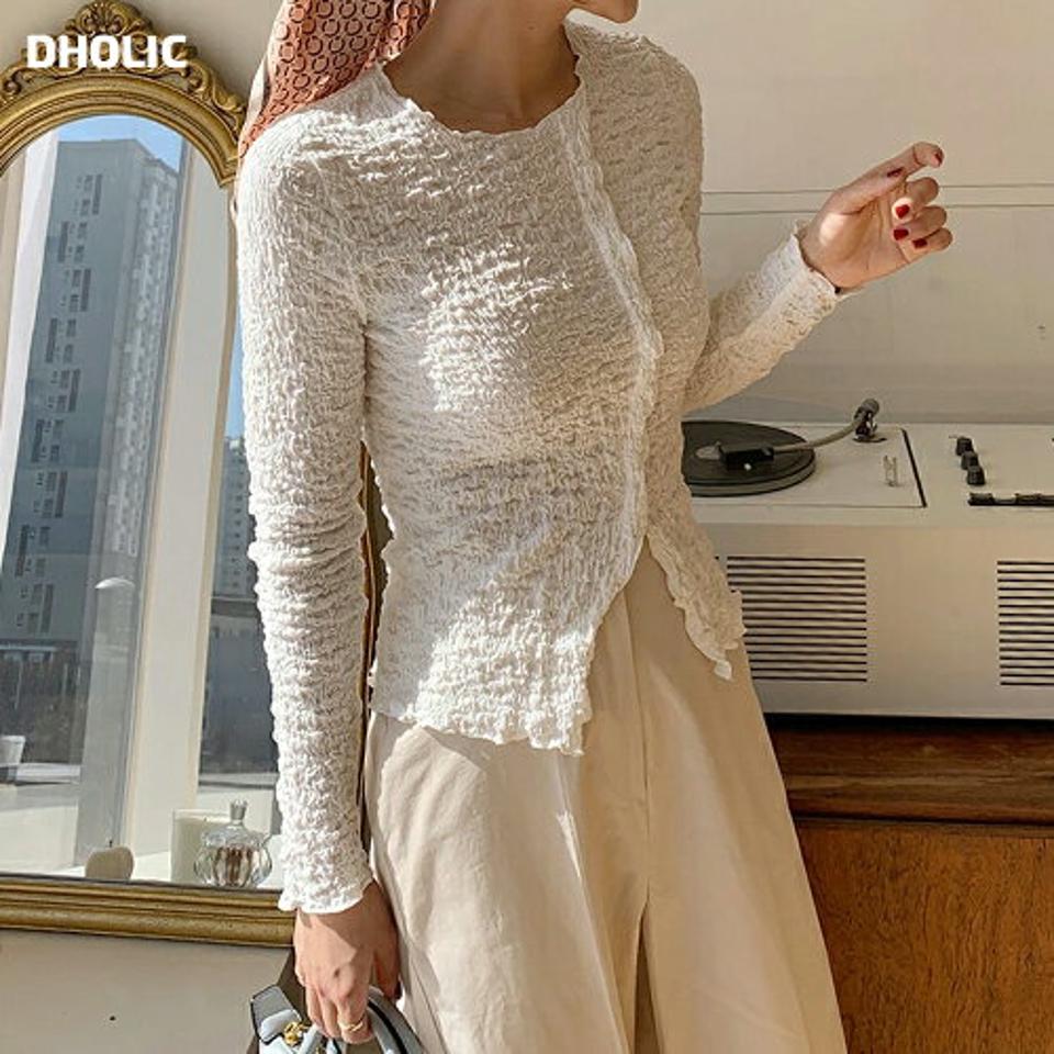 エンボスラウンドブラウス・全4色・t66765 レディース 【bl】ブラウス トップス 長袖 ラウンドネック エンボス 柄 パステル 春 秋 スリット ユニーク スリム 伸縮 カジュアル 大人っぽ かわいい 可愛い 韓国ファッション