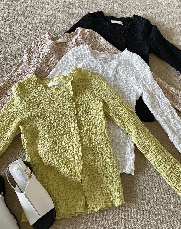 エンボスラウンドブラウス・全4色・t66765 レディース 【bl】ブラウス トップス 長袖 ラウンドネック エンボス 柄 パステル 春 秋 スリット ユニーク スリム 伸縮 カジュアル 大人っぽ かわいい 可愛い 韓国ファッション