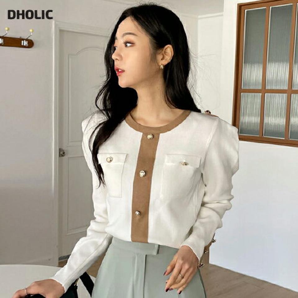 【マラソン特価】配色ボタンラウンドパワショルニット・全3色・b66703 レディース 【tops】ニット トップス 長袖 ボタン ゴールド 配色 秋 冬 上品 高級感 ラウンドネック 大人 パワショル フェミニン ガーリー かわいい アイボリー ブラック ベージュ 韓国ファッション