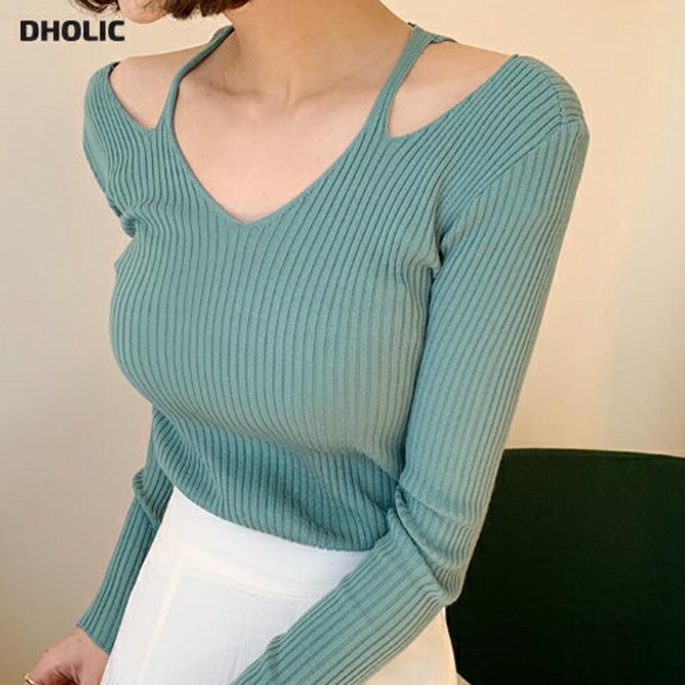 ショルダースリットリブニット・全8色・t66738 レディース 【tops】トップス ニット リブ リブニット 長袖 ユニーク Vネック 単色 無地 秋 冬 鎖骨 デコルテ スリム カットアウト パステル くすみ ショルダー スリット フェミニン 大人 韓国ファッション
